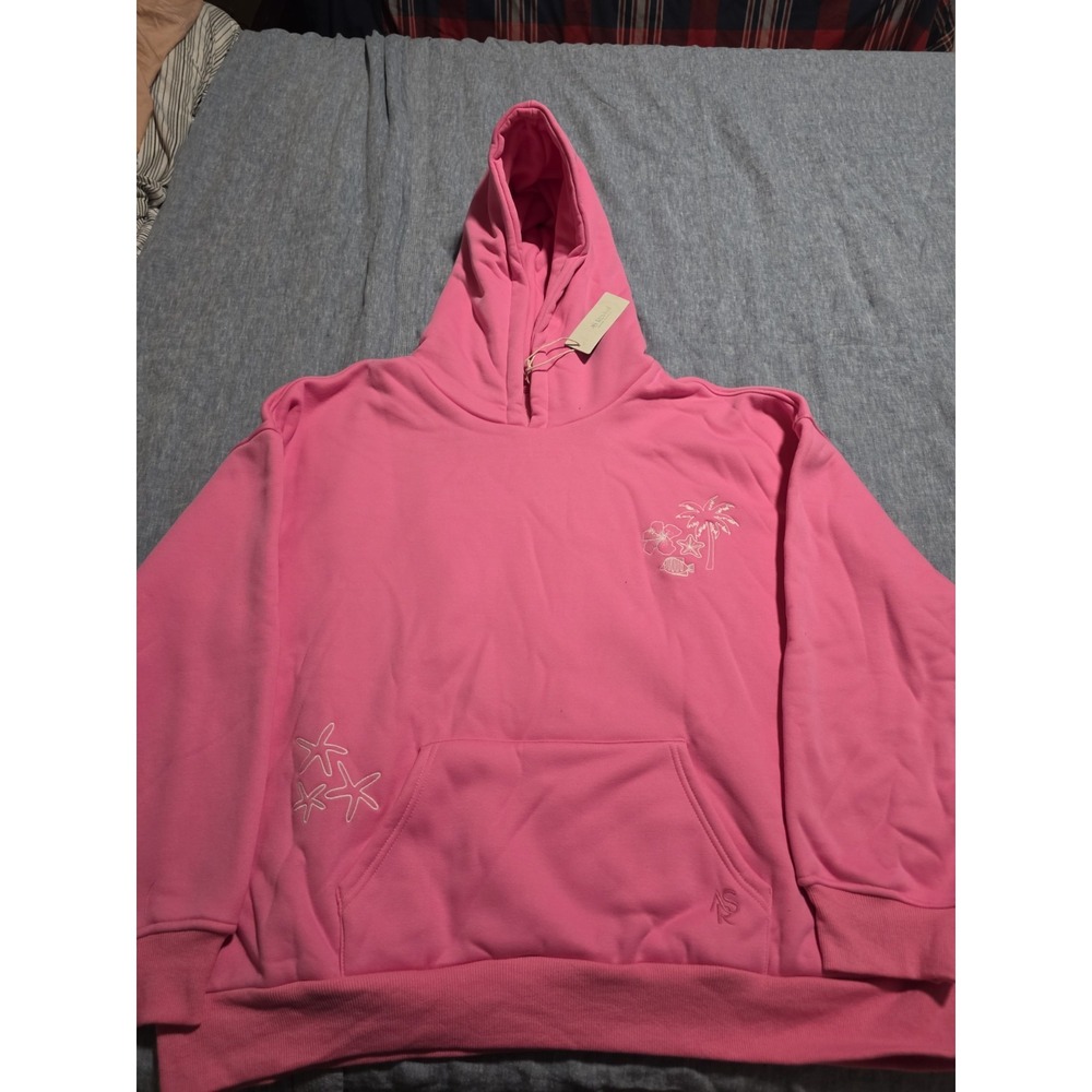 Womens Pink Pullover Hoodie Hibiscus Floral Graphic Print w/ Pockets Size L